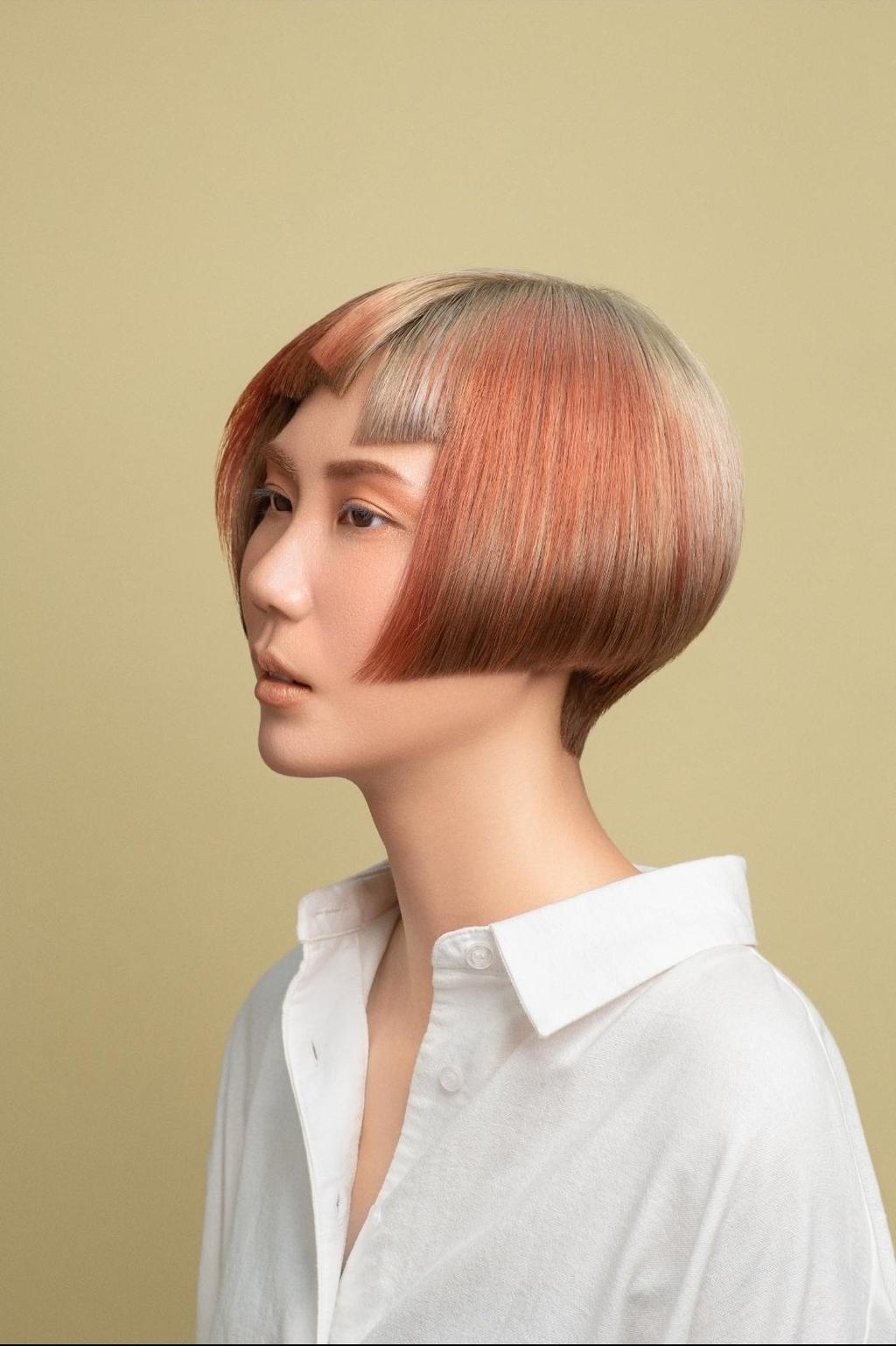 漸層挑染、漂色、珊瑚橘髮色、漸層布丁染、女生短髮