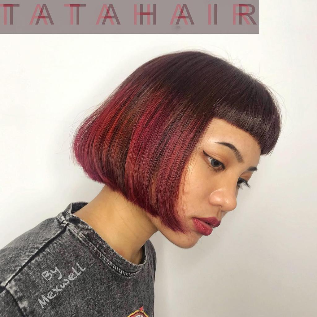 女生短髮、齊瀏海、眉上瀏海、紅寶石髮色